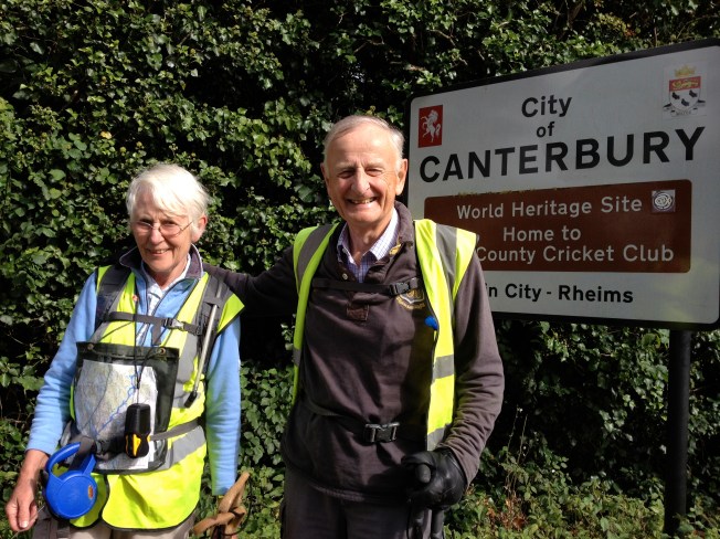 Tom Benyon OBE and his wife Jane arrive in Canterbury at the end of the ZANE walk