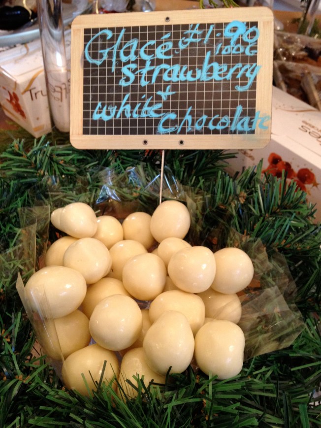 Strawberries in white chocolate in the French Pantry on the edge of the A30 in Wiltshire