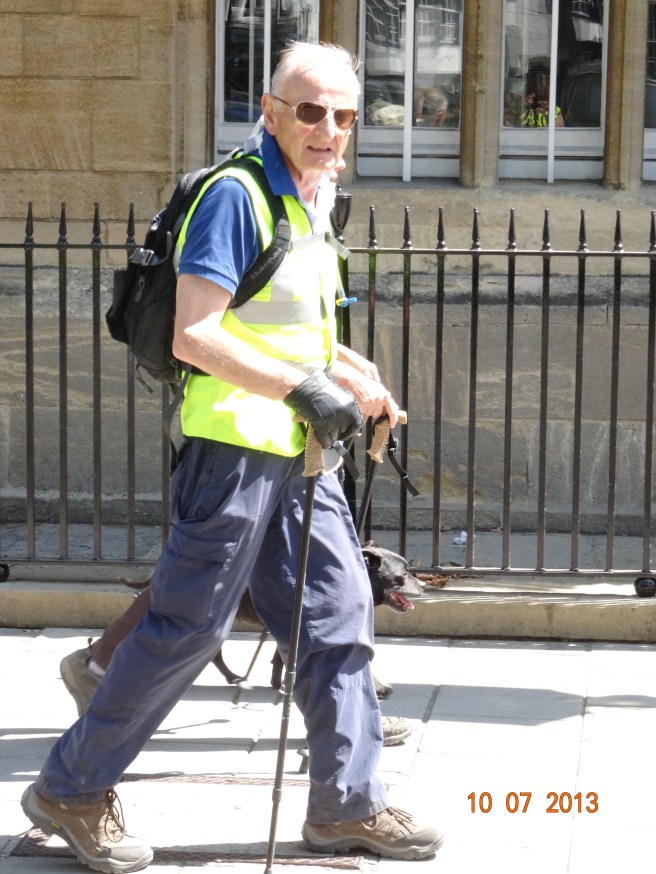 Tom Benyon OBE (ZANE), his wife Jane and their dog Leah, reach the end of their 2013 fundraising walk for ZANE