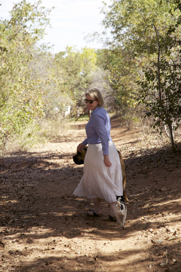 Heading down to our seedling garden with the dogs.