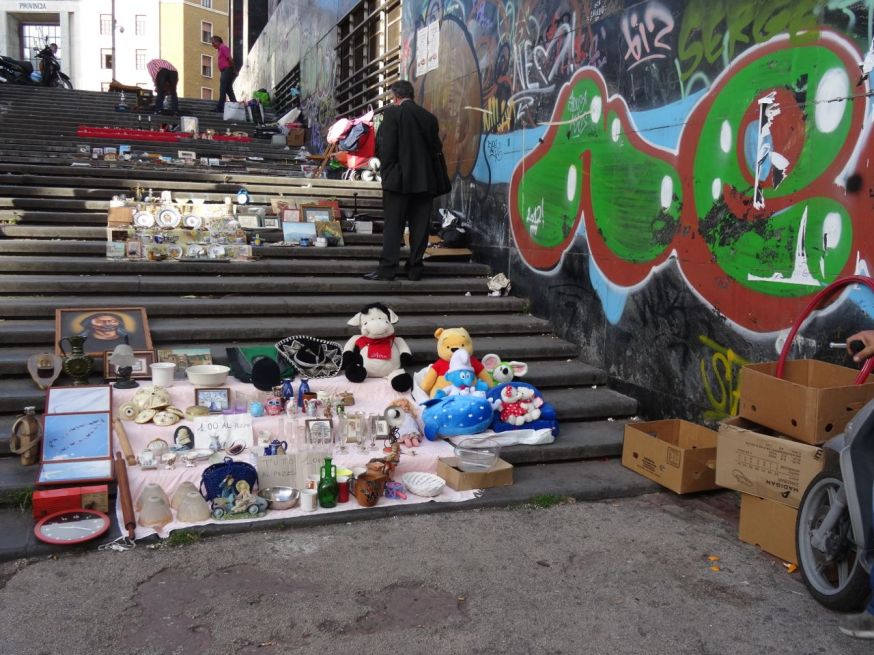 Stalls on the post office steps in Naples
