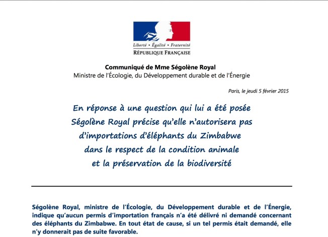 Screen shot of statement from Ségolène Royal