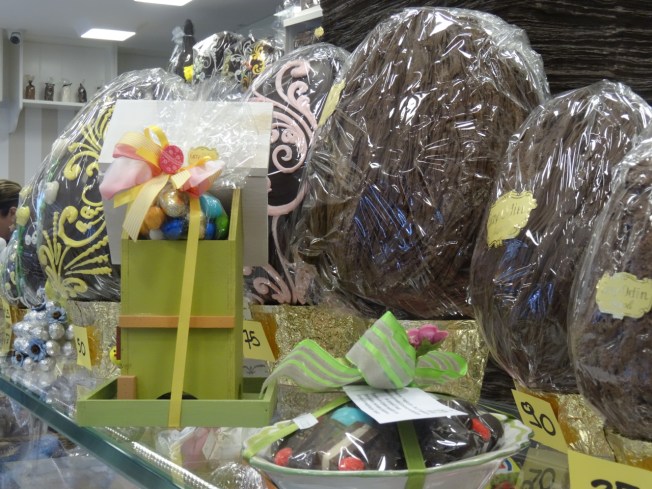 Eggs on display in Cioccolato Foresta, in Chiaia, in Naples, Italy