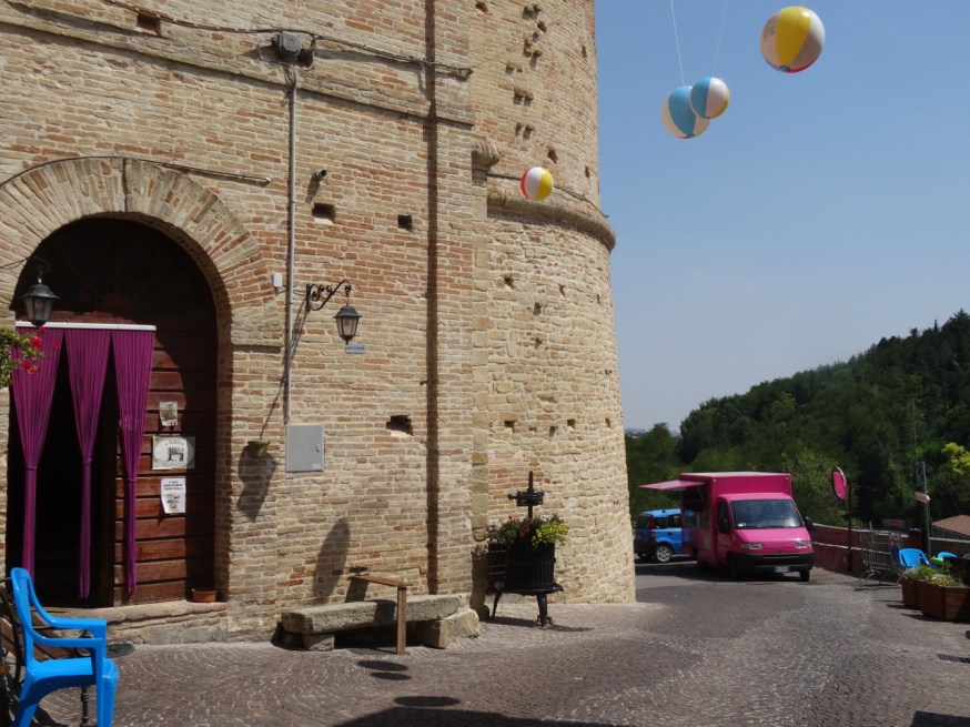 Festa preparations block the main entrance to Montelparo, Le Marche