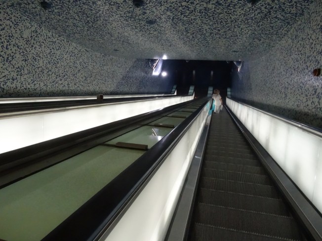 The 'into the blue' escalators of the Toledo metro in Naples