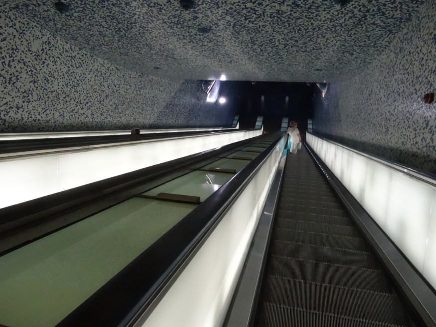 The 'into the blue' escalators of the Toledo metro in Naples