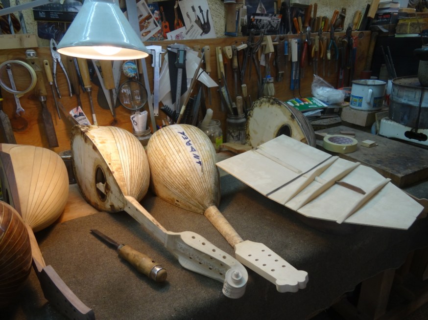 Mandolins in the making in 'La Bottega del Mandolino' in Naples, Italy