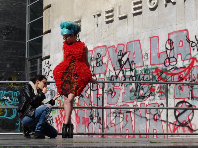 A fashion shoot outside the main post office in Naples, Italy