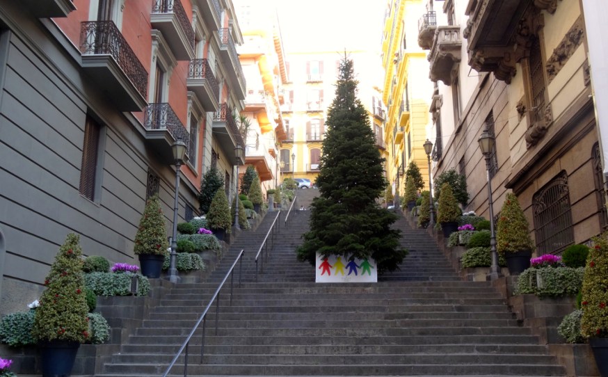 Louis Vuitton and the steps that lead up from the store in Via dei Mille in Naples, Italy