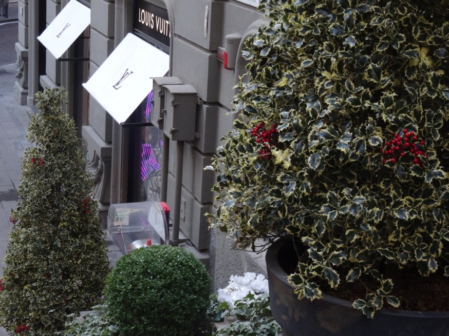 Louis Vuitton and the steps that lead up from the store in Via dei Mille in Naples, Italy