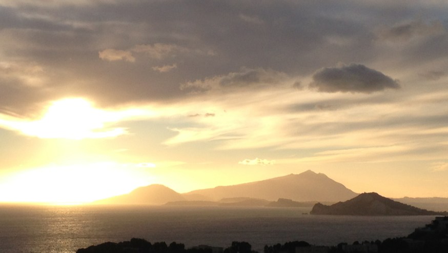 View from Parco Virgiliano towards Capo Miseno and on to the islands of Procida and Ischia. In the Aeneid the trumpeter Misenus dies off Capo Miseno which then took his name.