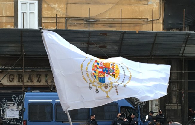 The flag of the Kingdom of the Two Sicilies is flown on the steps of the Duomo in Naples, Italy at the demonstration in March, protesting changes to the administration of the chapel and treasures of San Gennaro