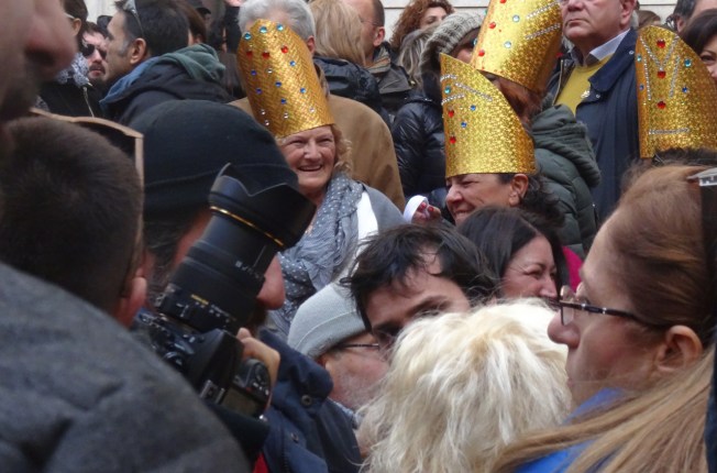 Demonstrators wearing decorated mitres in honour of the treasures of San Gennaro