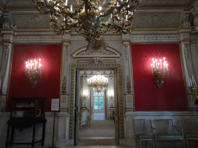 The red room was commissioned by Carl Mayer von Rothschild. Decoration begun by Claret from Paris, and was completed, after the dismissal of Claret, by Gaetano Genovese.