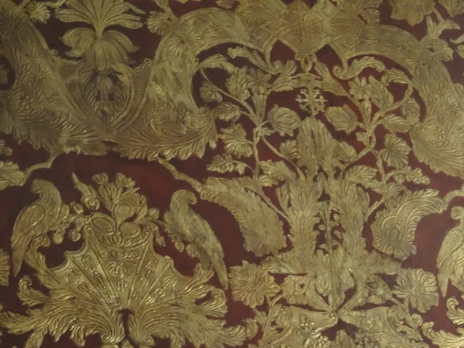 The leather wallpaper in what used to be the Acton's billiard room in the Villa Pignatelli in Naples, Italy