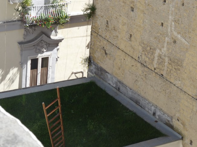 The view over the edge of the roof terrace of the MADRE Museum in Naples, Italy