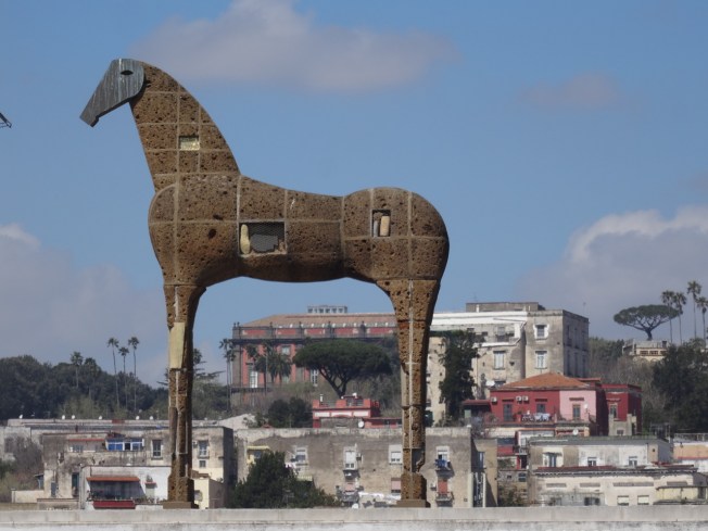 Mimmo Paladino's horse on the roof of the MADRE Museum in Naples with the Museo di Capodimonte behind