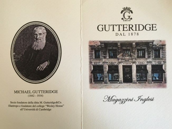 Part of a brochure giving the history of Gutteridge & Co, picked up from one of their stores in Via Chiaia in 2015