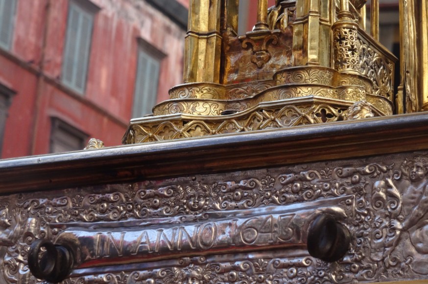 The base of the lavish ostensorium that holds San Gennaro's blood, dated 1643