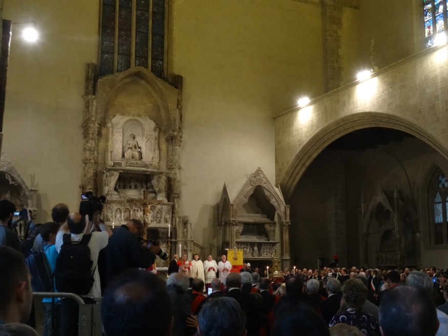 The procession of San Gennaro and the saints arrives in Santa Chiara in Naples, Italy