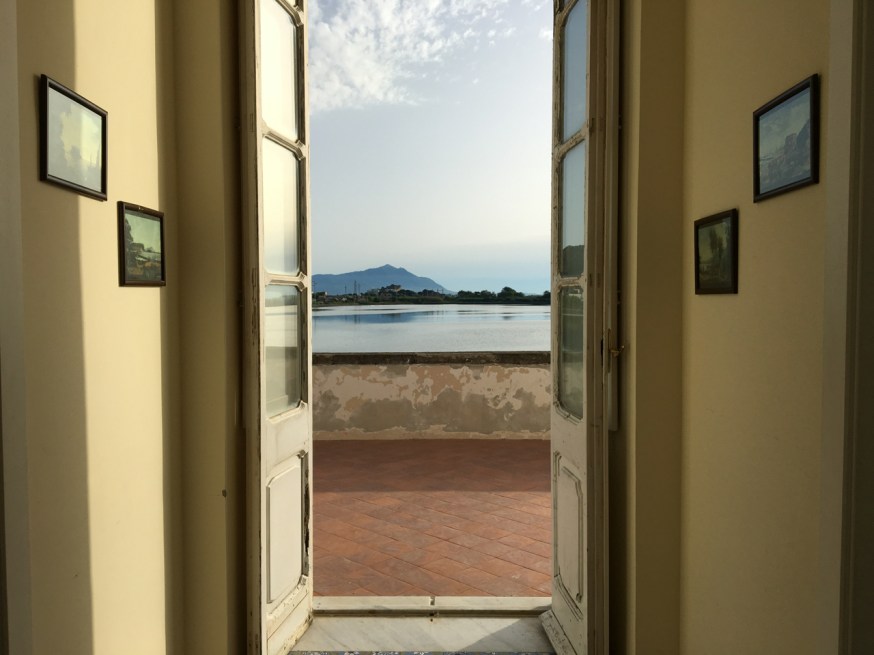 View to Ischia from La Casina Vanvitelliana on Lago Fusaro in Campania, Italy