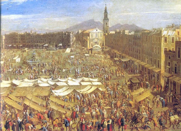 Piazza del Mercato in Naples, Italy (painting thought to be by Domenico Gargiulo and dated about 1654)