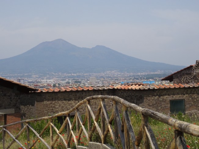 Looking over the top of the Villa Arianna in Stabiae towards Vesuvius