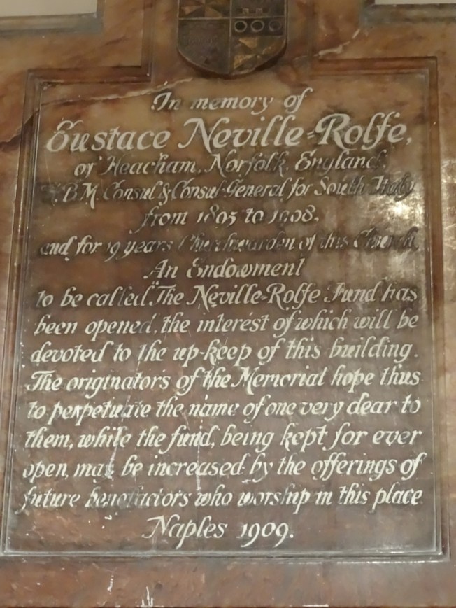 A plaque remembering a vital, early supporter of Christ Church in Naples, Italy