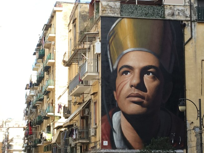 Mural of San Gennaro near the Duomo in Naples, Italy