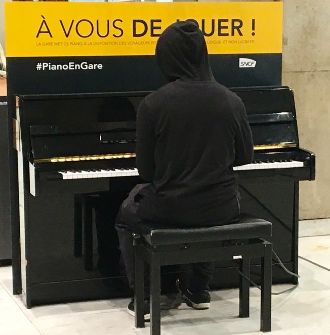 In the train station at Charles de Gaulle Airport in Paris