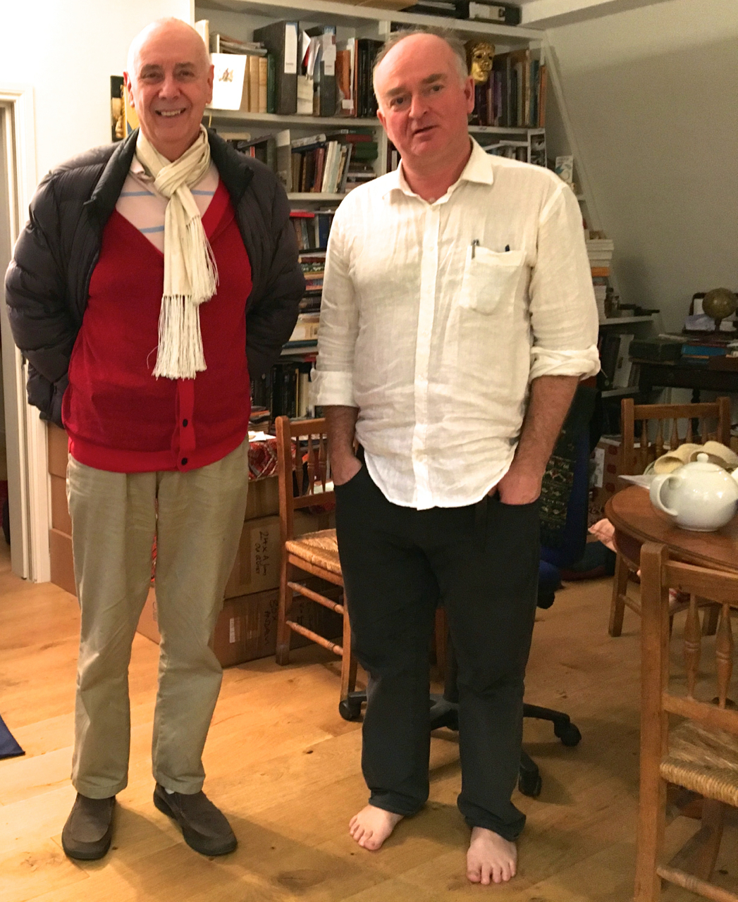 Barnaby Rogerson (in the white shirt) with Nigel Barley (author of the Innocent Anthropologist). The photograph was taken at the Eland Open Day in early December 2017.