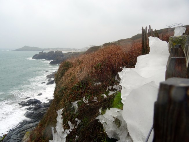 Ice trapped along a fence line on the coastal path between St Ives and Zennor