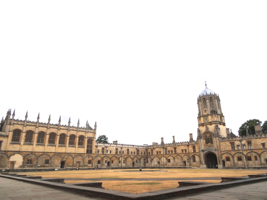 View of Tom Tower, across the usually green lawns of Christ Church College Oxford - 18 July 2018