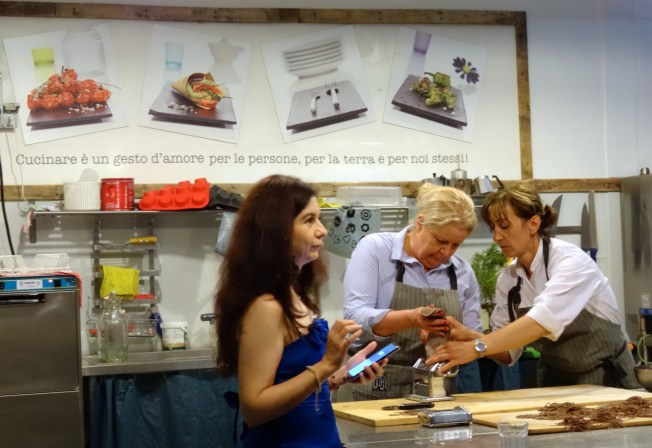 Making fresh, chocolate pasta at Qubì in Turin, Italy with Lucia Hannau recording the moment