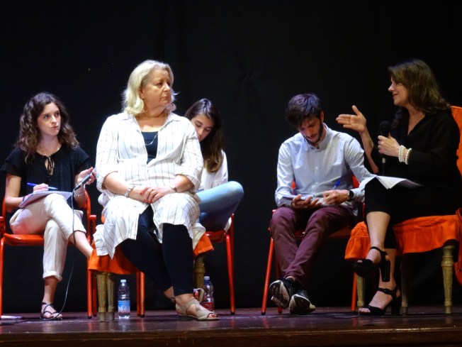 Jan Egan with Diana Skok Corridori and translators in the first talk show of Turin Epicurian Capital 2018