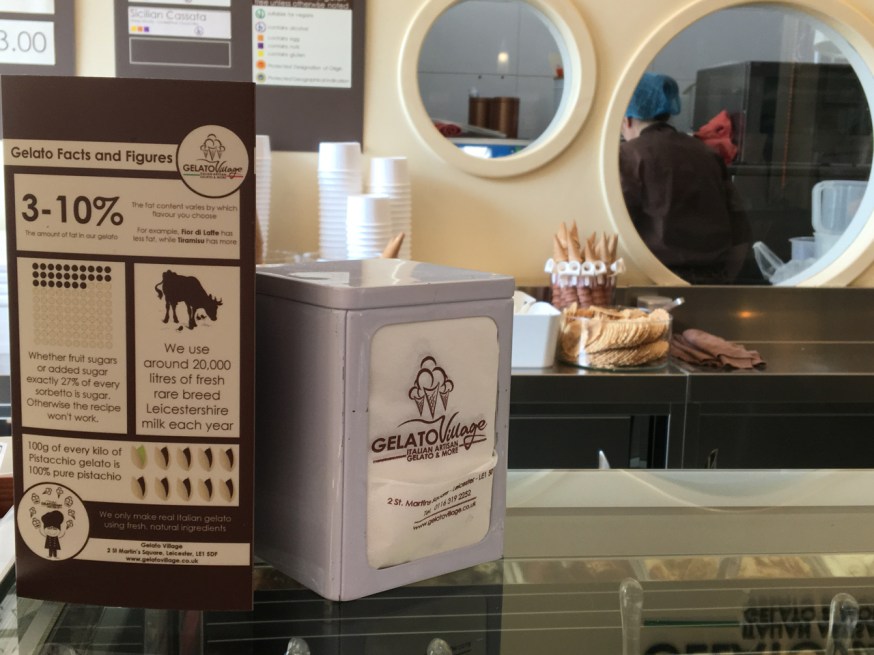 One side of the information displays used by Gelato Village in Leicester, England