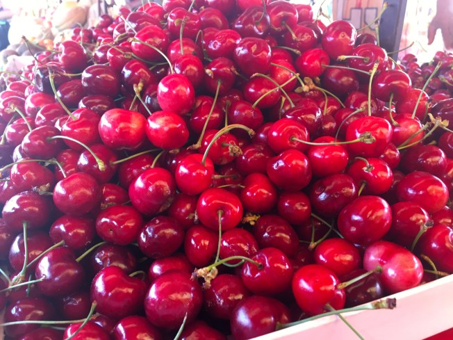 Cherries for sale in Porto Palazzo market in Turin, Italy