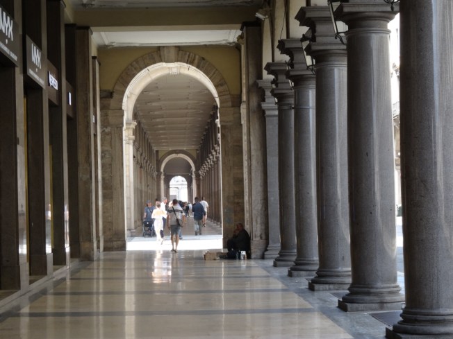 The colonnades along Via Roma in Turin, Italy