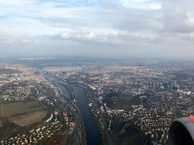 Flying into Prague over the Vltava River