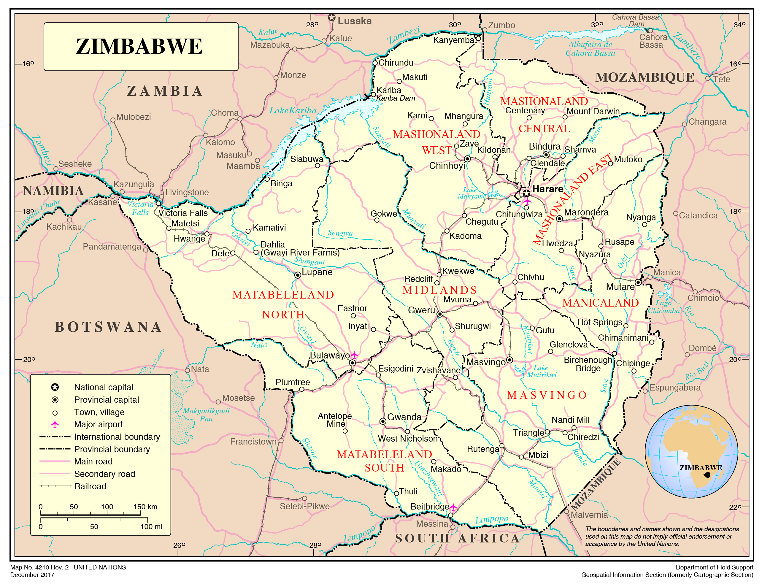 My thanks to the United Nations Publication Board for permission to use this map of Zimbabwe, Map No. 4210 Rev.2, December 2017, UNITED NATIONS 