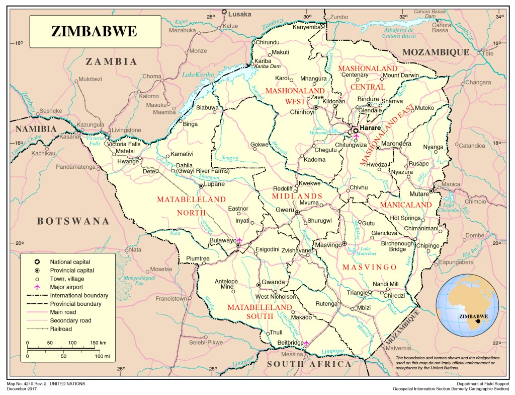 My thanks to the United Nations Publication Board for permission to use this map of Zimbabwe, Map No. 4210 Rev.2, December 2017, UNITED NATIONS